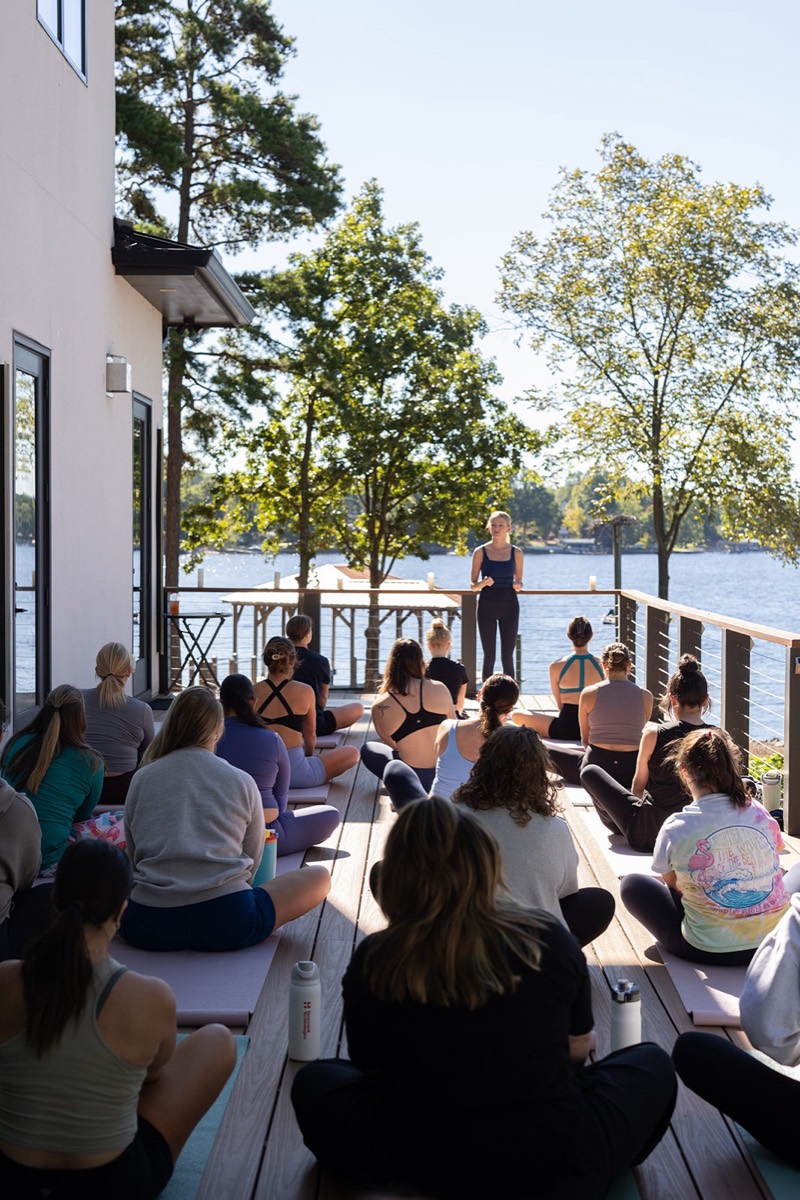 Morning yoga on the deck overlooking the lake